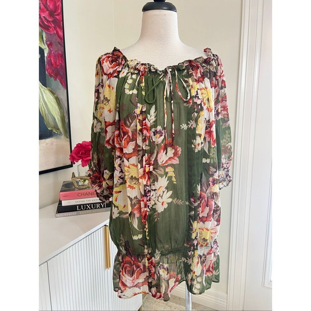 Ultra Pink Women's Floral Ruffled Tie-Neck Pullover Blouse Multicolor Large